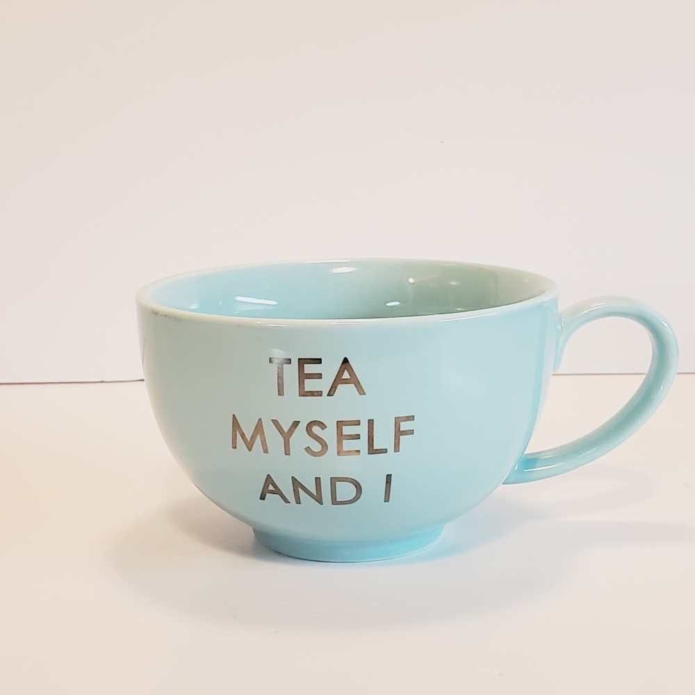 Indigo Tea Myself And I Blue Large Ceramic Tea Cup with Gold Text